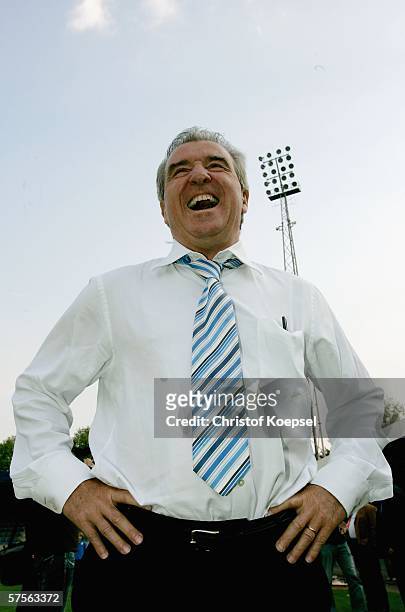 Ex England manager Terry Venables laughs before the friendly match between Old Orange Internationals and EFPA Elftal ath the Juan Louwer Stadium on...