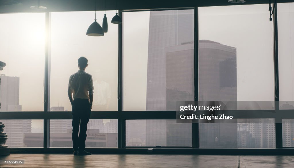 Businessman looking at cityscape from office