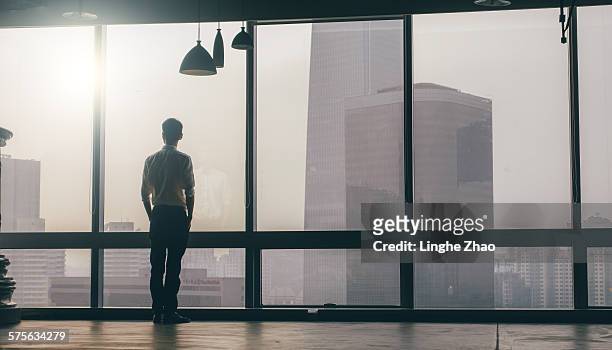 businessman looking at cityscape from office - businessman silhouette stock pictures, royalty-free photos & images