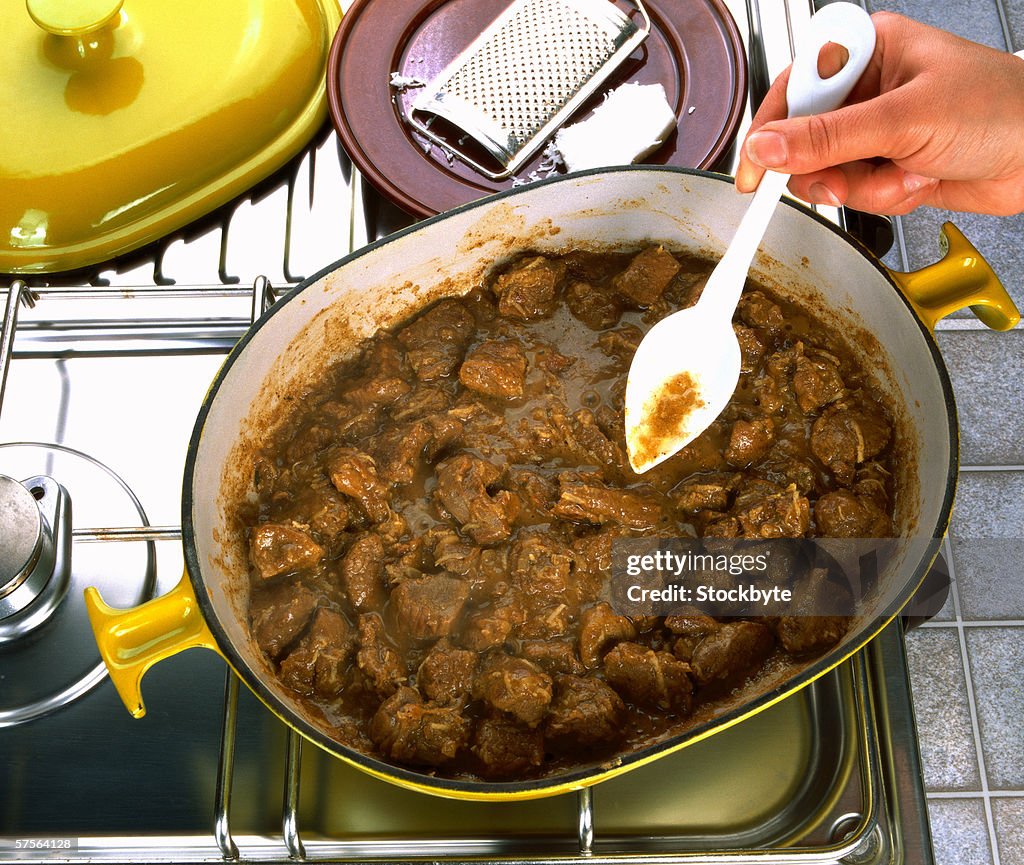 Close-up of a hand sprinkling powdered herbs on a meat dish cooking on a stove