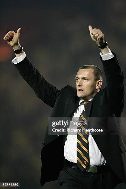 Watford Manager Adrian Boothroyd gives the thumbs up to Watford's supporters following his team's victory in the Coca-Cola Championship Play-Off...