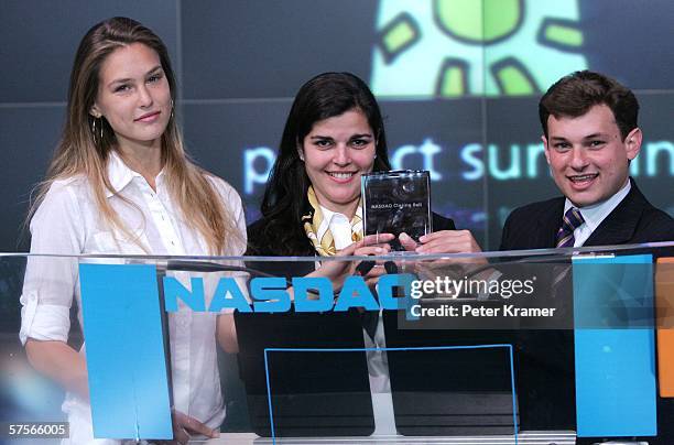 From Project Sunshine model Bar Refaeli, executive director Amy Saperstein and founder Joe Weilgus attend the NASDAQ closing bell in Times Square on...