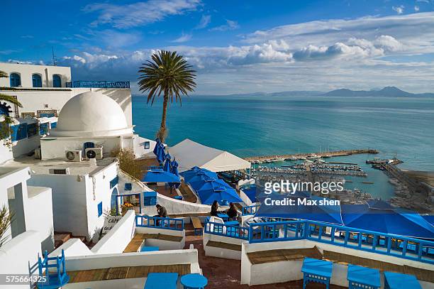 scenic view at the town of sidi bou said - tunesië stockfoto's en -beelden