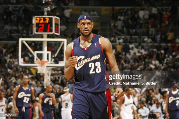 LeBron James of the Cleveland Cavaliers looks on against the Washington Wizards in game six of the Eastern Conference Quarterfinals during the 2006...