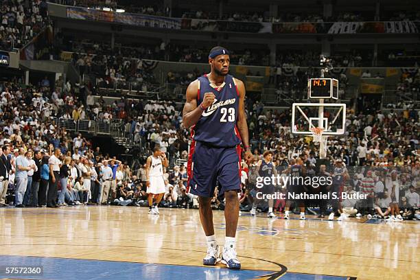 LeBron James of the Cleveland Cavaliers looks on against the Washington Wizards in game six of the Eastern Conference Quarterfinals during the 2006...