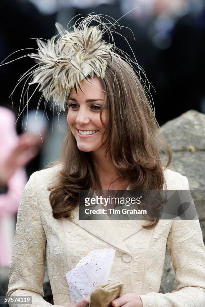 Kate Middleton, girlfriend of Prince William attends the marriage of Laura Parker-Bowles and Harry Lopes at St Cyriac's Church, Lacock, on May 6,...