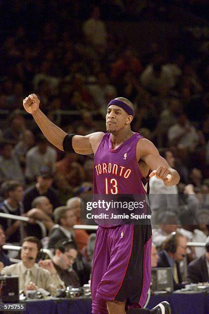 Jerome Williams of the Toronto Raptors reacts in game four of round one of the NBA playoffs against the New York Knicks at Madison Square Garden in...