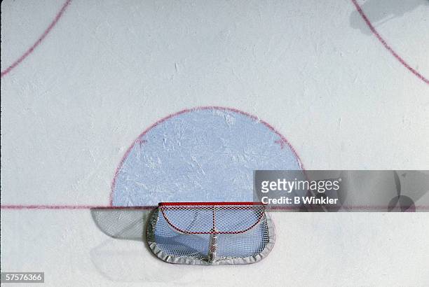 Overhead view of hockey goal, net, and crease, February 1995.