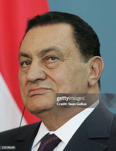 Egyptian President Hosni Mubarak speaks to the media with German Chancellor Angela Merkel at the Chancellery May 10, 2006 in Berlin, Germany. Mubarak...