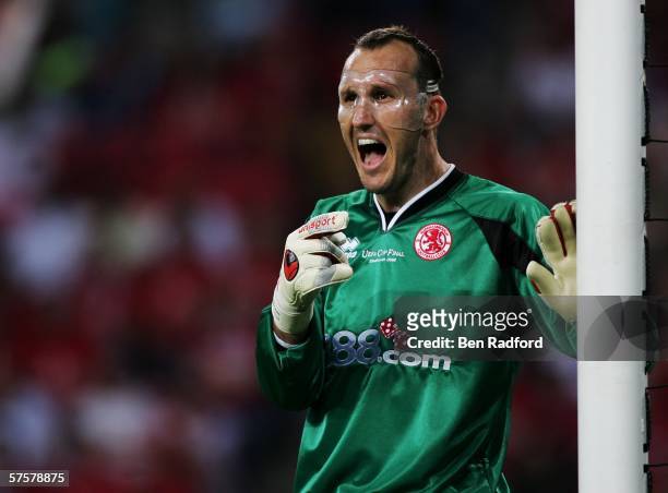 Goalkeeper Mark Schwarzer of Middlesbrough FC reacts during the UEFA Cup final between Middlesbrough FC and Sevilla FC on May 10, 2006 at the PSV...