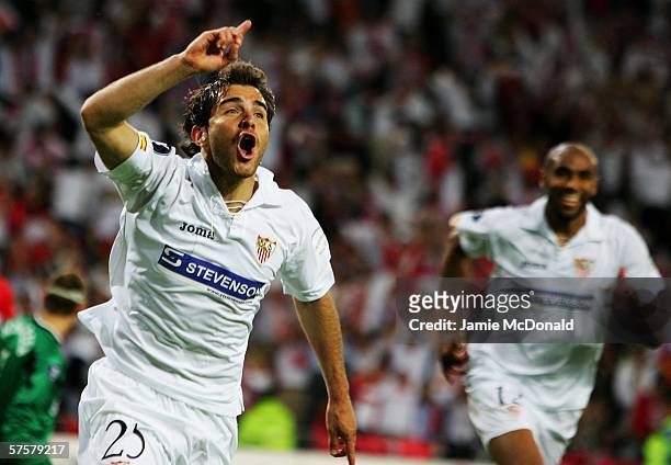 Enzo Maresca of Sevilla FC celebrates scoring the second goal during the UEFA Cup final between Middlesbrough FC and Sevilla FC on May 10, 2006 at...