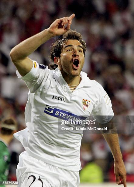 Enzo Maresca of Sevilla FC celebrates after he scored the second goal during the UEFA Cup final between Middlesbrough FC and Sevilla FC on May 10,...