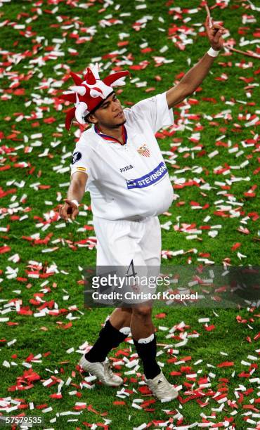 Daniel Alves of Sevilla FC celebrates winning the UEFA Cup final against Middlesbrough FC on May 10, 2006 at the PSV Stadion in Eindhoven,...