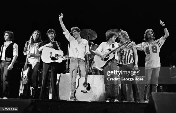 Eagles Joe Vitale, Timothy B. Schmit, J.D. Souther, Glenn Frey, Don Henley, Joe Walsh and Don Felder following their performance at the San Diego...