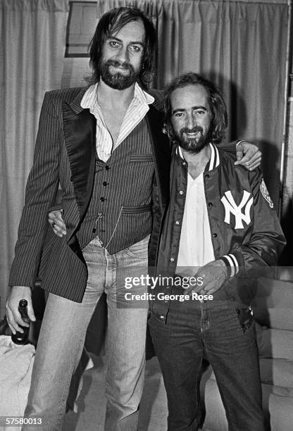 Founder of Fleetwood Mac, Mick Fleetwood poses with bassist John McVie in a backstage portrait just prior to a 1979 concert at Madison Square Gardens...
