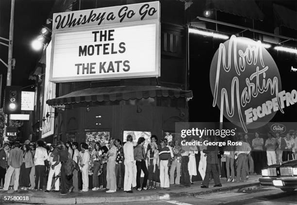 Music fans line up for a 1979 Motels and Kats concert at nightclub Whiskey a Go Go in West Hollywood, California.
