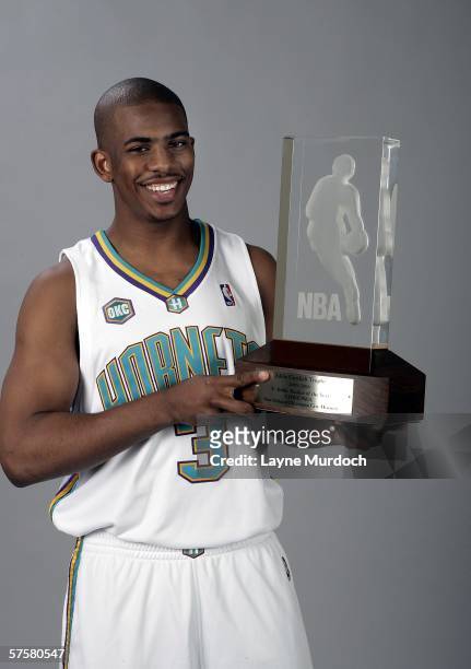 Chris Paul of the New Orleans/Oklahoma City Hornets poses with the Eddie Gottlieb Trophy after being named the 2006 NBA Rookie of the Year on May 10,...