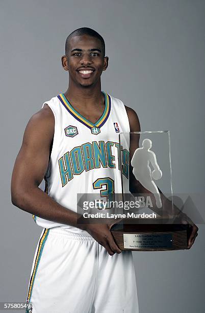 Chris Paul of the New Orleans/Oklahoma City Hornets poses with the Eddie Gottlieb Trophy after being named the 2006 NBA Rookie of the Year on May 10,...