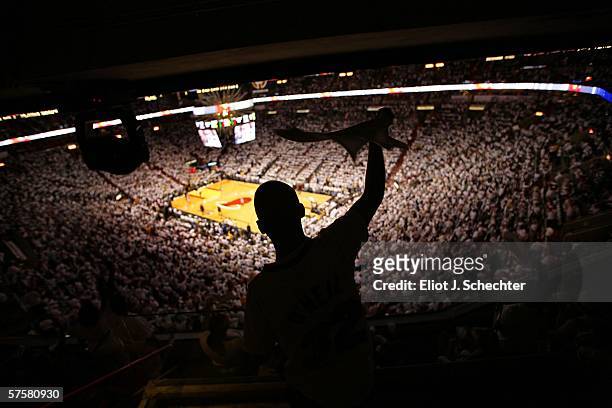 Miami Heat fan Ricardo Ballester cheers on his team against the New Jersey Nets in game two of the Eastern Conference Semifinals during the 2006 NBA...