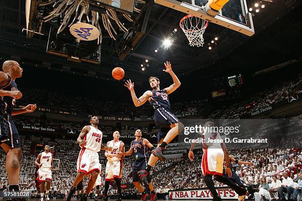 Nenad Krstic of the New Jersey Nets passes against the Miami Heat in game two of the Eastern Conference Semifinals during the 2006 NBA Playoffs at...