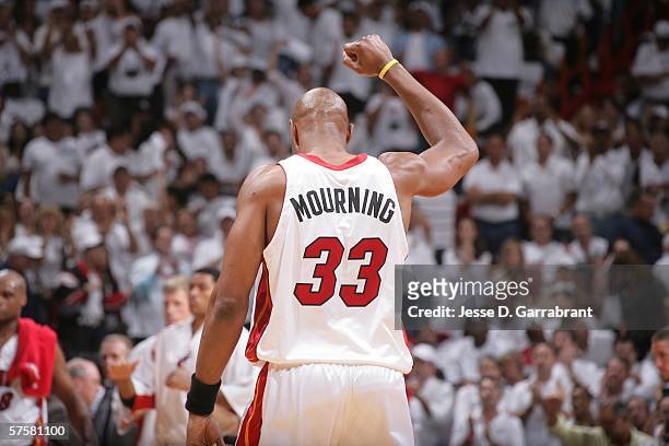 Alonzo Mourning of the Miami Heat gestures against the New Jersey Nets in game two of the Eastern Conference Semifinals during the 2006 NBA Playoffs...