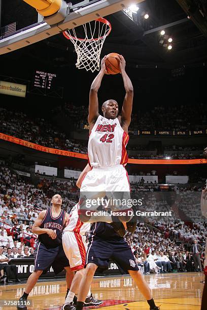 James Posey of the Miami Heat rebounds against the New Jersey Nets in game two of the Eastern Conference Semifinals during the 2006 NBA Playoffs at...