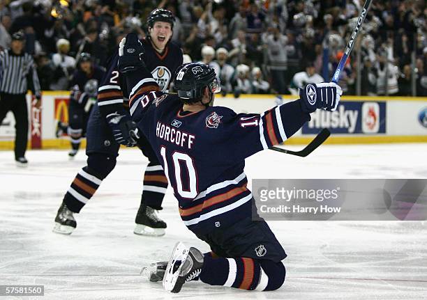 Shawn Horcoff of the Edmonton Oilers celebrates after scoring the game winning goal against the San Jose Sharks in the third overtime of game three...
