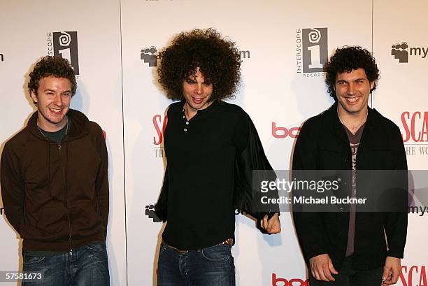 Andrew Stockdale, Chris Ross and Myles Heskler of Wolfmother arrive at the Scarface: The World is Yours Video Game Launch Party at the Vangaurd on...