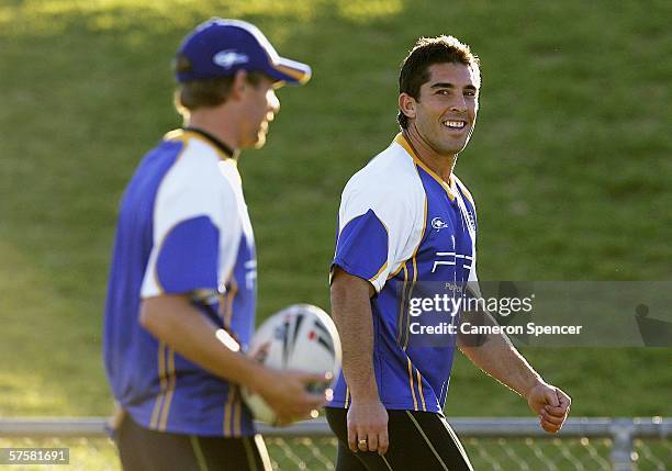 Brett Hodgson and Braith Anasta of the City Origin team share a laugh during a City Origin training session at Apex Oval May 11, 2006 in Dubbo,...