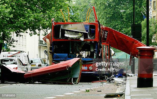 United Kingdom: The wreck of the Number 30 double-decker bus is pictured in Tavistock Square in central London, 08 July, 2005. The chances of...