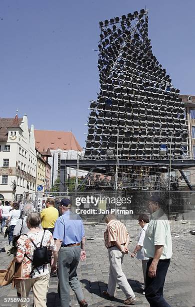 The fountain "Schoener Brunner" is pictured surrounded with seats of a stadium on May 12, 2006 in Nuremberg, Germany. The artwork with the name "Auf...