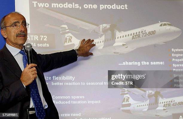French and Italian airplane manufacturer ATR's chief executive Filippo Bagnato introduces the company's aircraft at a press conference in Beijing 12...