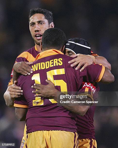 Brent Kite, Dean Widders and Preston Campbell of Country celebrate the Country team's victory in the NRL City v Country Origin match at Apex Oval May...