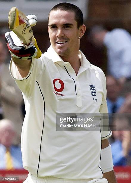 England's Kevin Pietersen celebrates his first Lord's 100, during the second day of the 1st cricket Test match between England, and Sri Lanka at...