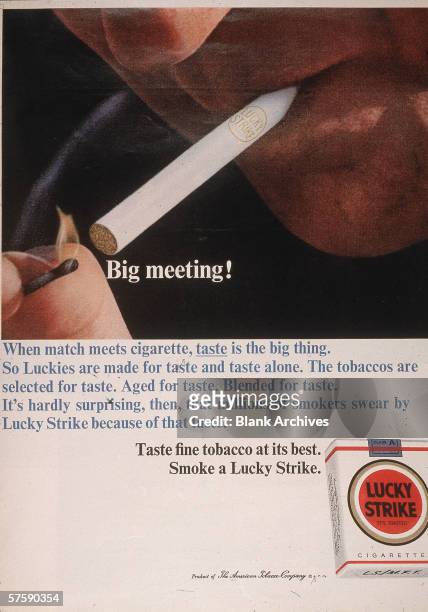 Image of a magazine ad for Lucky Strike cigarettes of a man lighting up a cigarette with the caption "Big Meeting!," 1964.