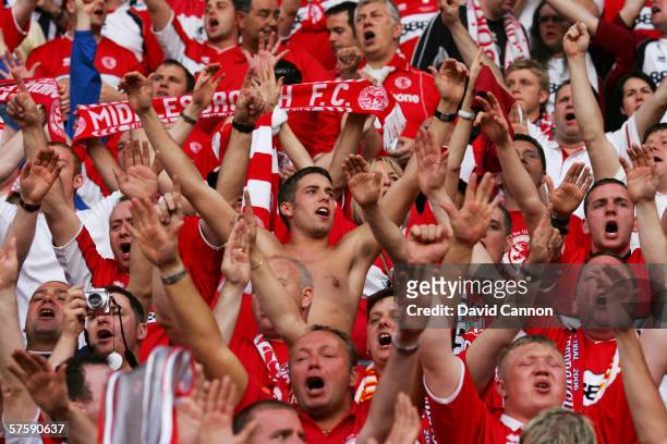 Middlesbrough fans support their team prior to the UEFA Cup final between Middlesbrough FC and Sevilla FC on May 10, 2006 at the PSV Stadion in...