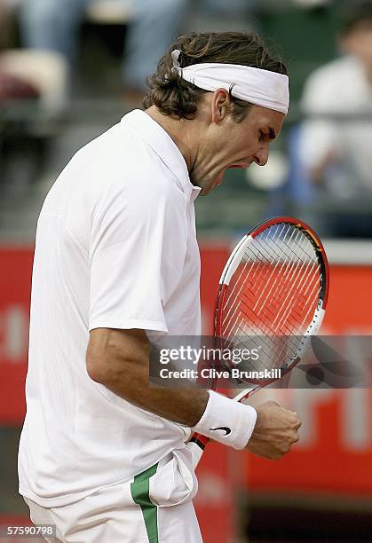 Roger Federer of Switzerland celebrates a point against Nicolas Almagro of Spain in their quarter final match, during the ATP Masters Series at the...