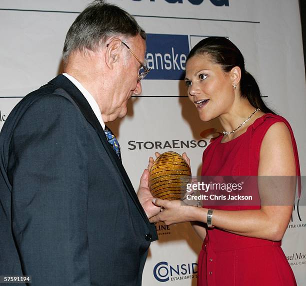 Ingvar Kamprad, founder of IKEA, is seen being presented the Lifetime Achievment Award by Princess Victoria of Sweden at the Swedish Chamber of...