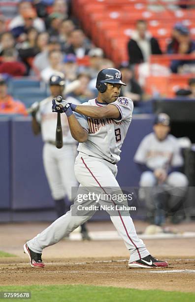 Marlon Anderson of the Washington Nationals swings at the pitch during the game against the New York Mets on May 2, 2006 at Shea Stadium in the...