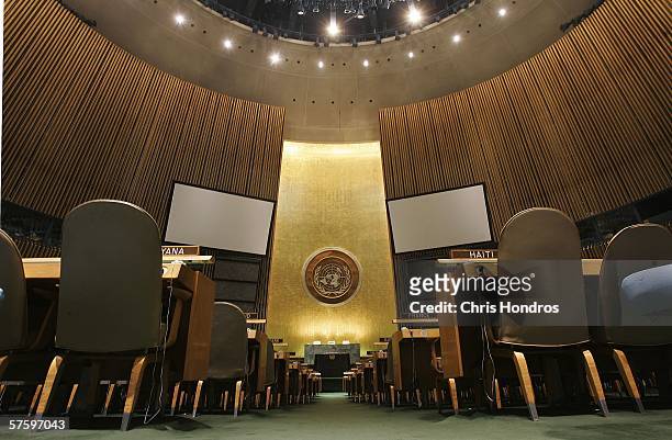 The United Nations logo on the back wall of the General Assembly Hall of the United Nations is seen from the floor May 12, 2006 at the United Nations...