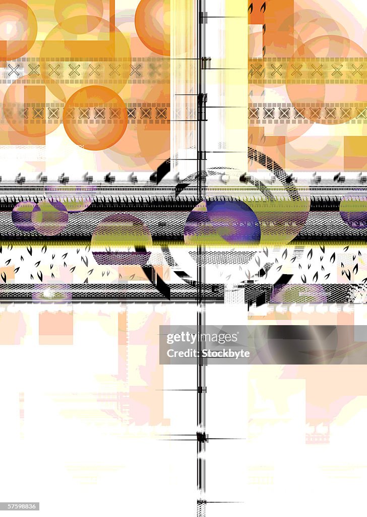 Superimposed pattern of an array of warm toned circles and horizontal lines