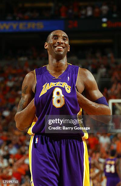 Kobe Bryant of the Los Angeles Lakers smiles during game seven of the Western Conference Quarterfinals against the Phoenix Suns during the 2006 NBA...