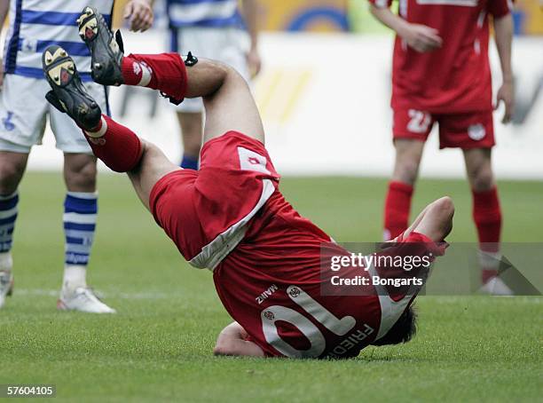 0anuel Friedrich of Mainz tumbles during the Bundesliga match between MSV Duisburg and Mainz 05 at the MSV Arena on May 13, 2006 in Duisburg, Germany.