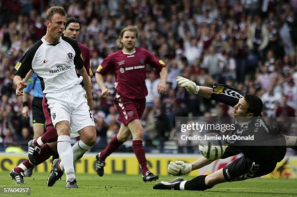 Ryan McGuffie scores fof Gretna during the Tennents Scottish Cup Final between Hearts of Midlothian and Gretna at Hampden Park on May 13 2006, in...