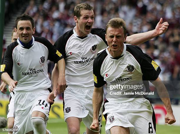 Ryan McGuffie celebrates his goal for Gretna during the Tennents Scottish Cup Final between Hearts of Midlothian and Gretna at Hampden Park on May 13...