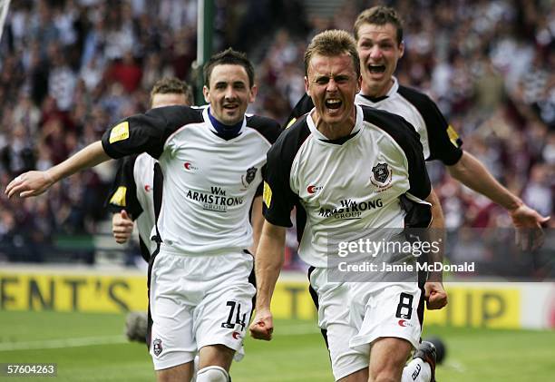 Ryan McGuffie celebrates his goal for Gretna during the Tennents Scottish Cup Final between Hearts of Midlothian and Gretna at Hampden Park on May 13...