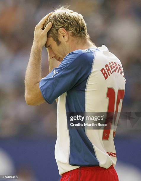 Sergej Barbarez of Hamburg reacts during the Bundesliga match between Hamburg SV and Werder Bremen at the AOL Arena on May 13, 2006 in Hamburg,...