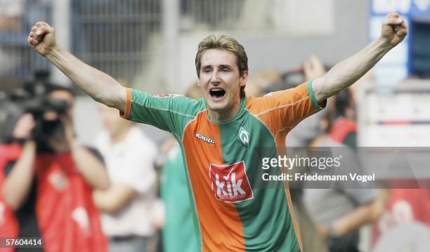 Miroslav Klose of Werder celebrtaes after the winning Bundesliga match between Hamburg SV and Werder Bremen at the AOL Arena on May 13, 2006 in...