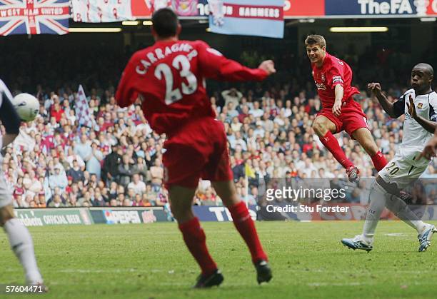 Steven Gerrard of Liverpool shoots and scores his sides third goal during the FA Cup Final match between Liverpool and West Ham United at the...