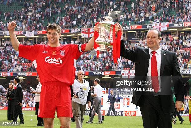 United Kingdom: Liverpool manager Raphael Benitez and captain Steven Gerrard lift the FA Cup after Liverpool beat West Ham 3-1 on penalties during...